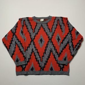 Vintage Abstract Aztec Geometric Grandpa Sweater Red Grey Black Size Medium